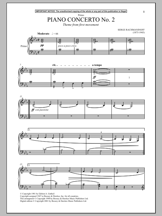 Download Sergei Rachmaninoff Piano Concerto No. 2 (Theme from First Movement) Sheet Music and learn how to play Piano Duet PDF digital score in minutes