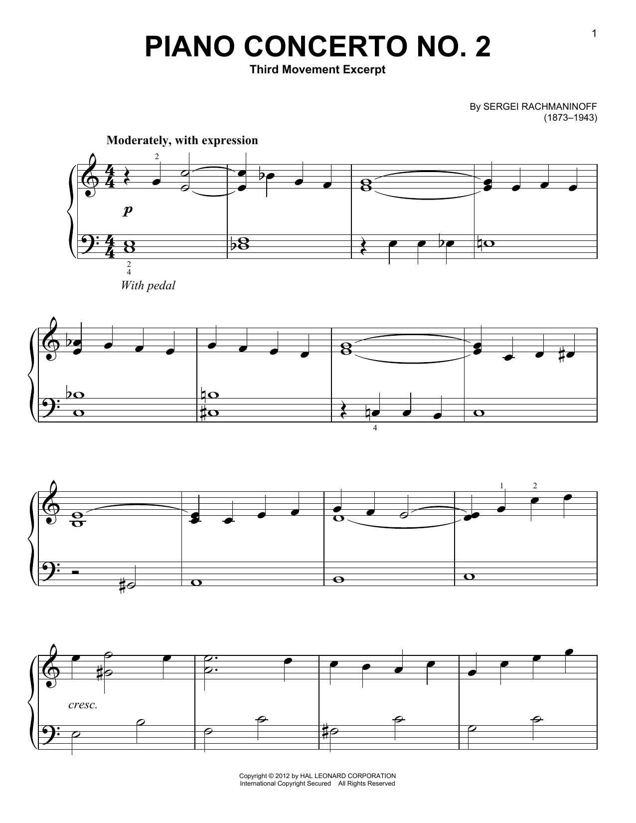 Download Sergei Rachmaninoff Piano Concerto No. 2, Third Movement Excerpt Sheet Music and learn how to play Easy Piano PDF digital score in minutes