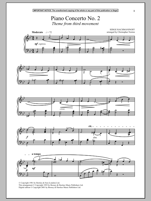 Download Sergei Rachmaninoff Piano Concerto No. 2, (Third Movement Theme) Sheet Music and learn how to play Piano PDF digital score in minutes