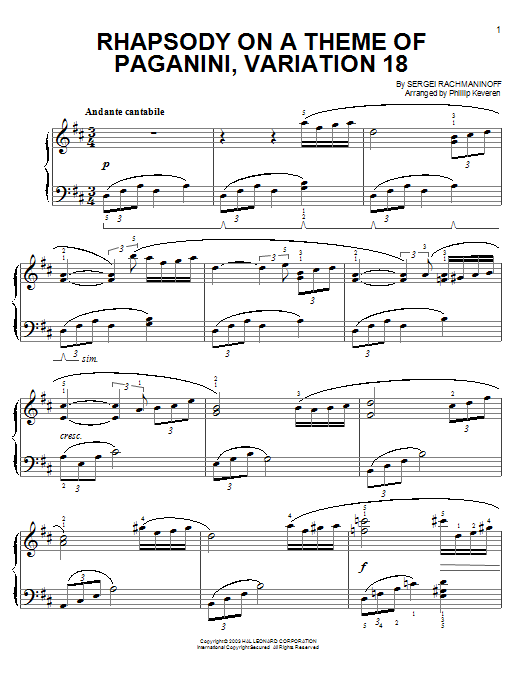 Download Sergei Rachmaninoff Rhapsody On A Theme Of Paganini, Variation XVIII Sheet Music and learn how to play Easy Piano PDF digital score in minutes