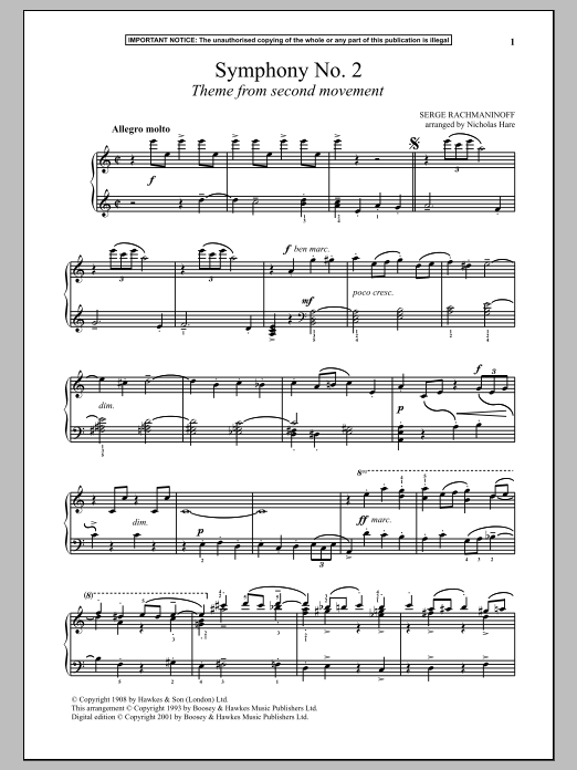Download Sergei Rachmaninoff Symphony No. 2, (Second Movement Theme) Sheet Music and learn how to play Piano PDF digital score in minutes