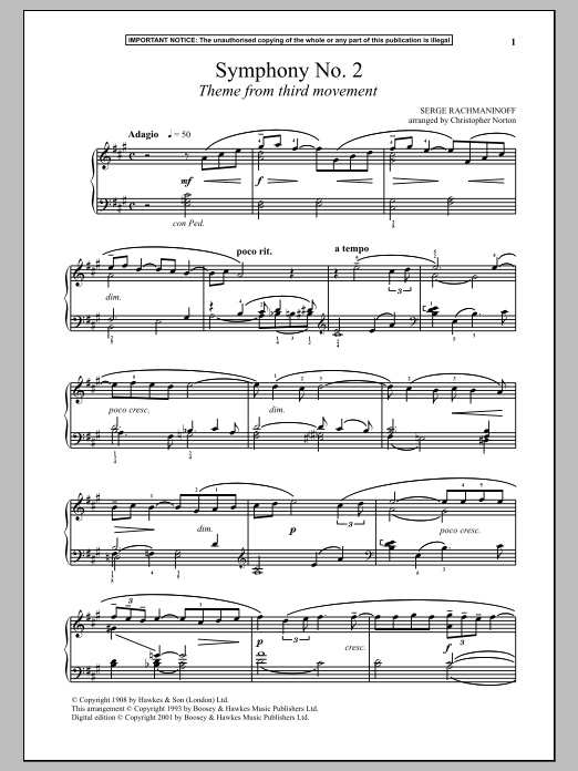Download Sergei Rachmaninoff Symphony No. 2, (Third Movement Theme) Sheet Music and learn how to play Piano PDF digital score in minutes