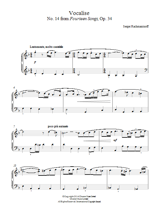 Download Sergei Rachmaninoff Vocalise (No.14 from Fourteen Songs, Op.34) Sheet Music and learn how to play Easy Piano PDF digital score in minutes