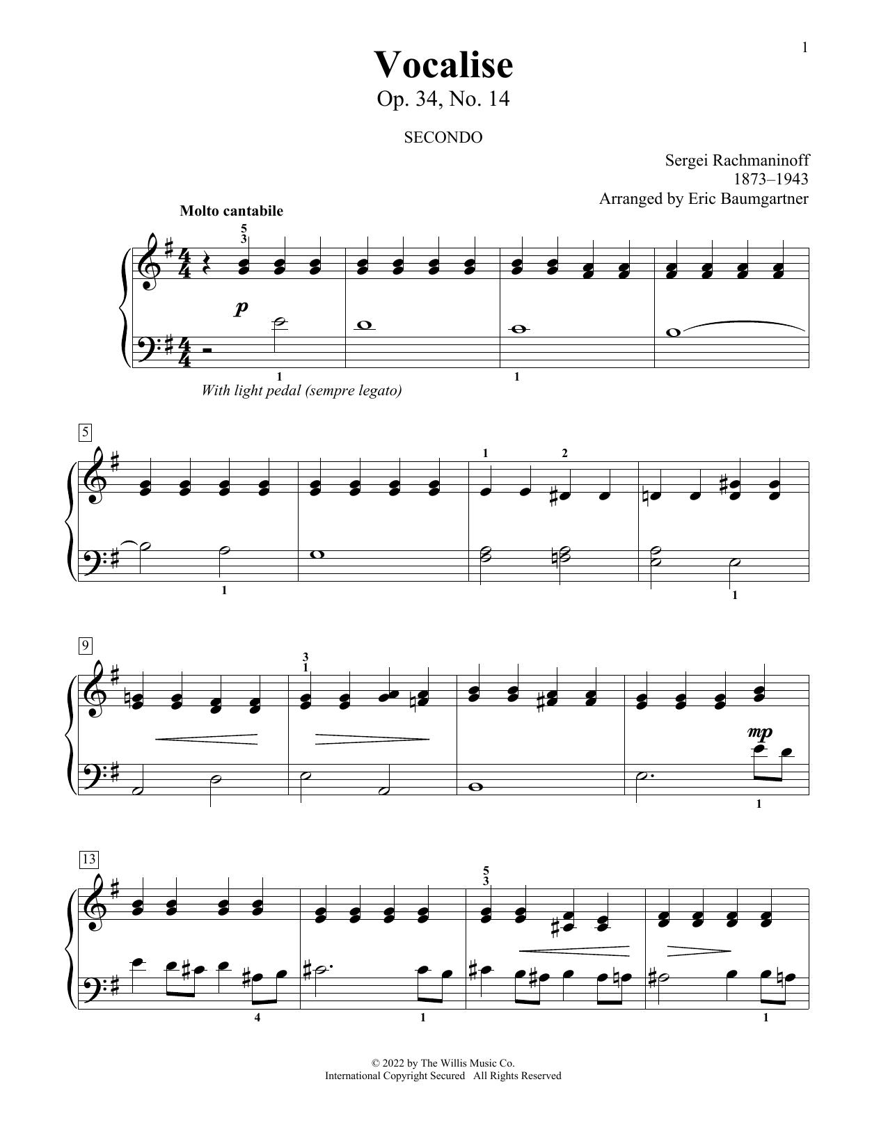 Download Sergei Rachmaninoff Vocalise, Op. 34, No. 14 (arr. Eric Baumgartner) Sheet Music and learn how to play Piano Duet PDF digital score in minutes