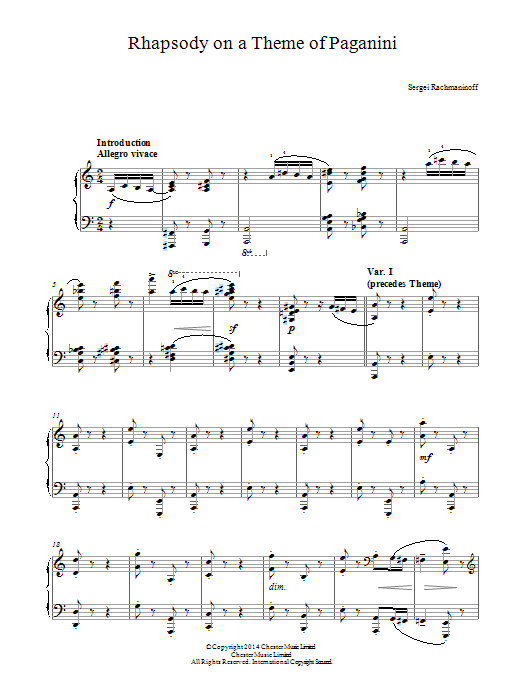 Download Sergei Rachmaninoff Rhapsody on a Theme of Paganini Sheet Music and learn how to play Piano PDF digital score in minutes