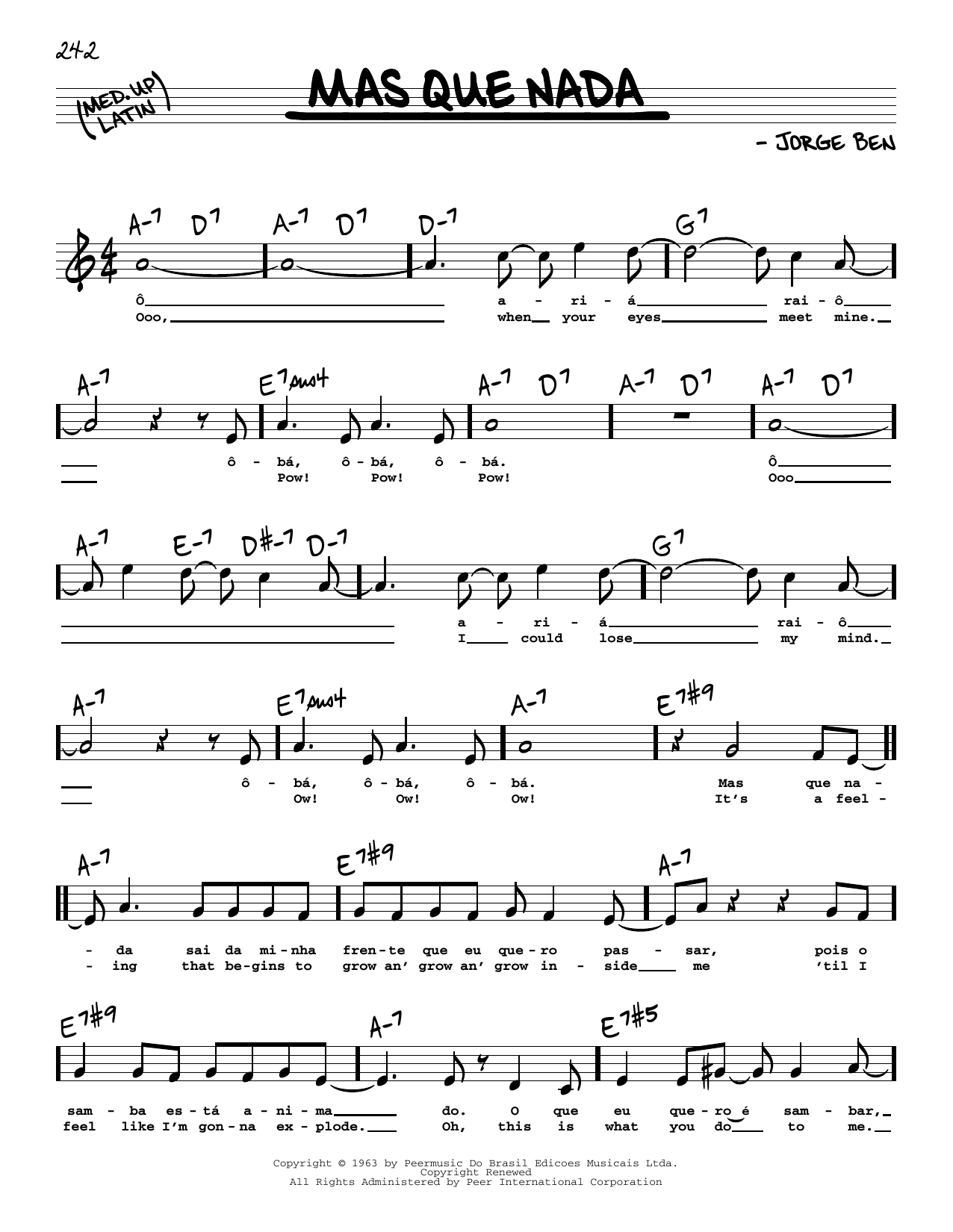 Download Sergio Mendes Mas Que Nada (High Voice) Sheet Music and learn how to play Real Book – Melody, Lyrics & Chords PDF digital score in minutes