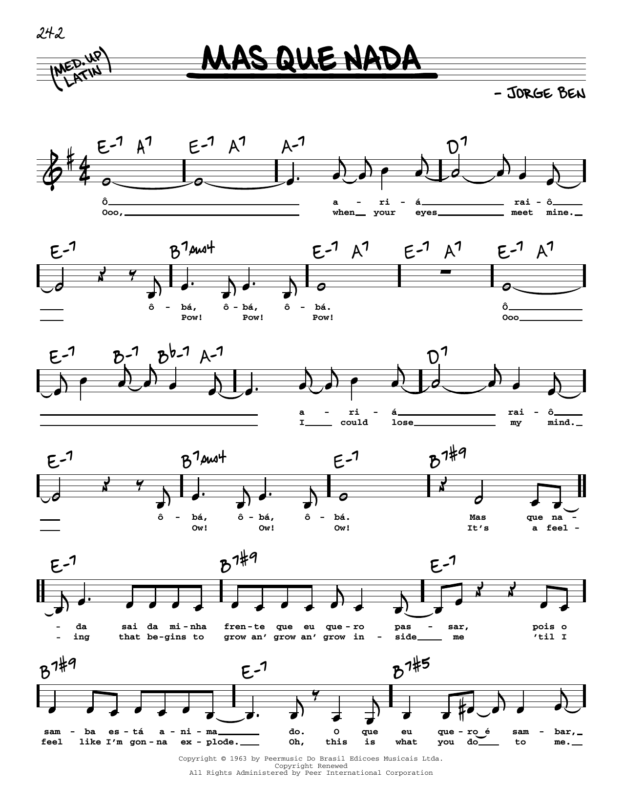Download Sergio Mendes Mas Que Nada (Low Voice) Sheet Music and learn how to play Real Book – Melody, Lyrics & Chords PDF digital score in minutes