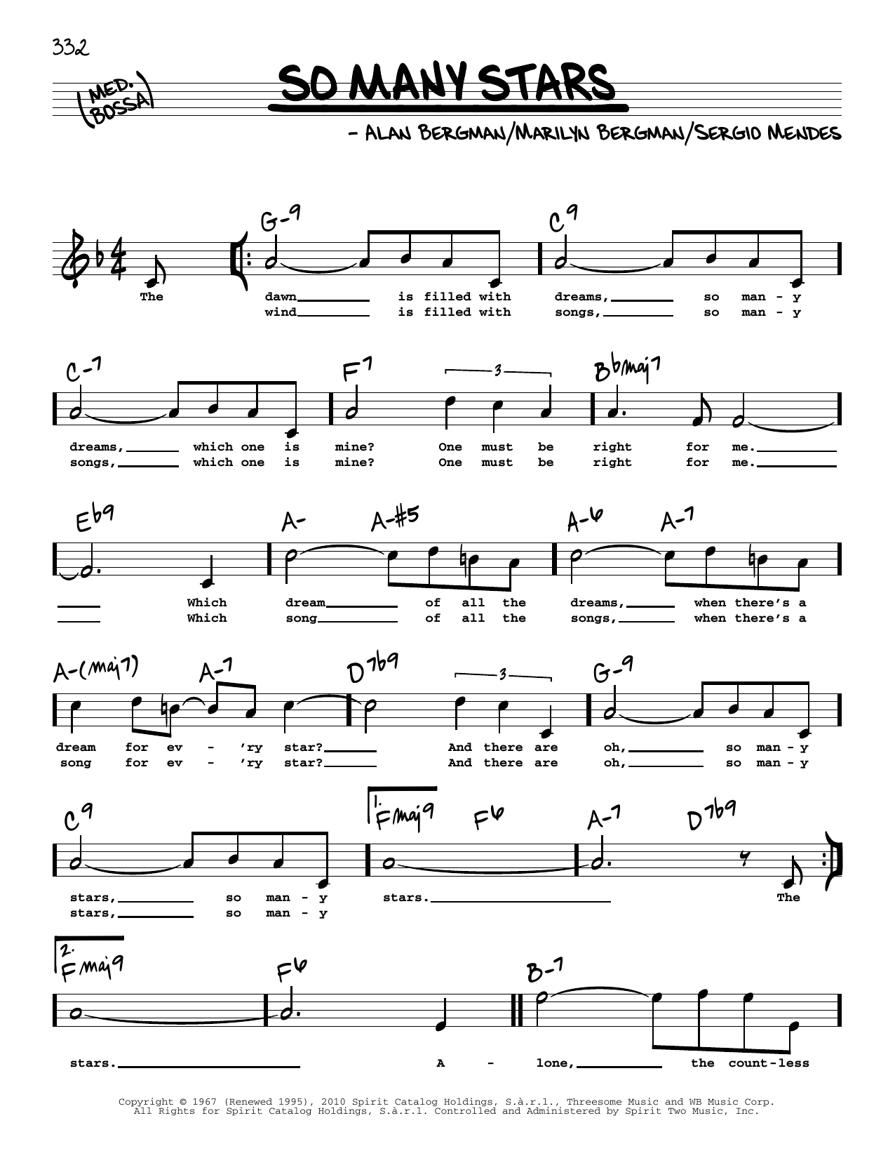 Download Sergio Mendes So Many Stars (High Voice) Sheet Music and learn how to play Real Book – Melody, Lyrics & Chords PDF digital score in minutes