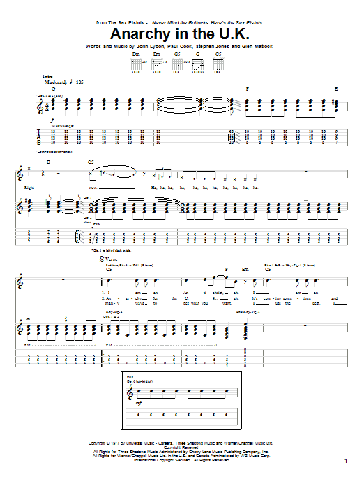 Download Sex Pistols Anarchy In The U.K. Sheet Music and learn how to play Guitar Tab PDF digital score in minutes