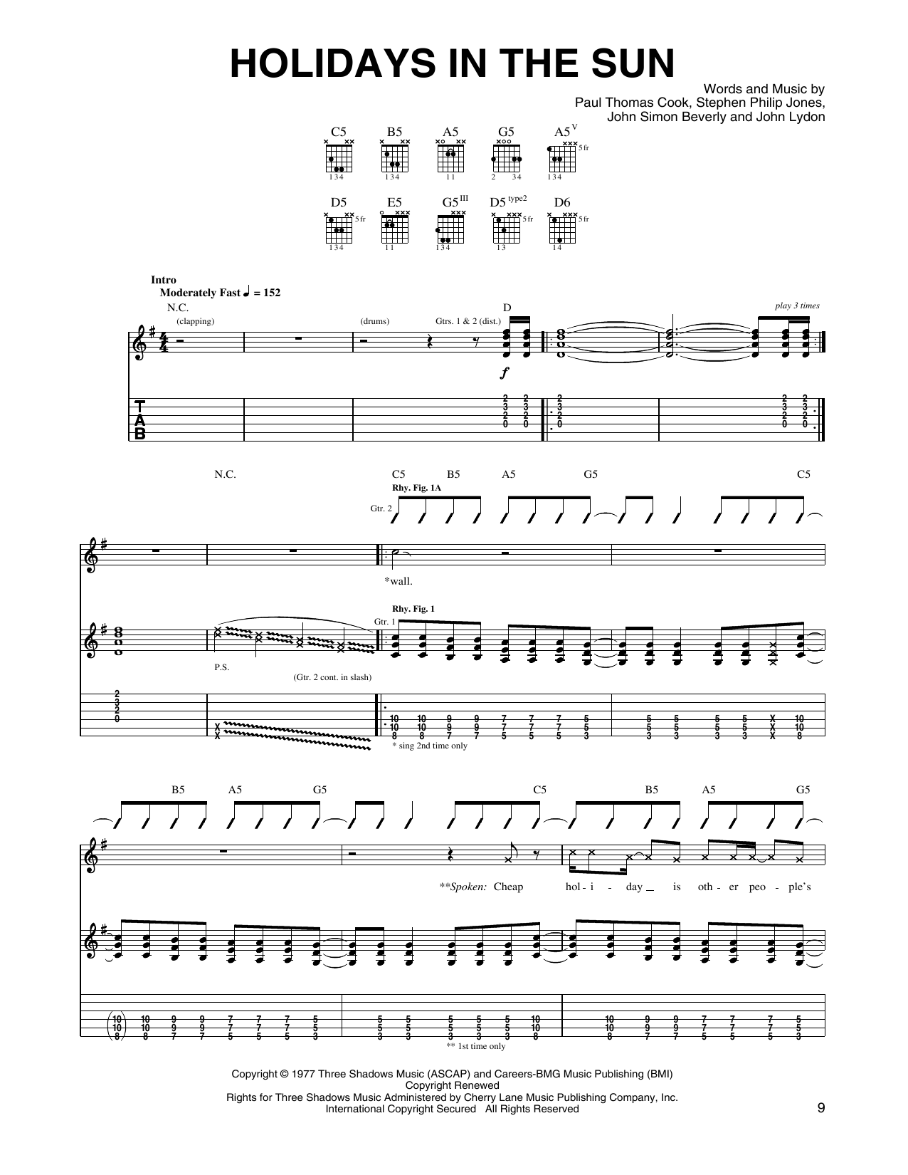 Download Sex Pistols Holidays In The Sun Sheet Music and learn how to play Guitar Tab PDF digital score in minutes