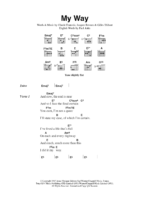 Download The Sex Pistols My Way Sheet Music and learn how to play Lyrics & Chords PDF digital score in minutes