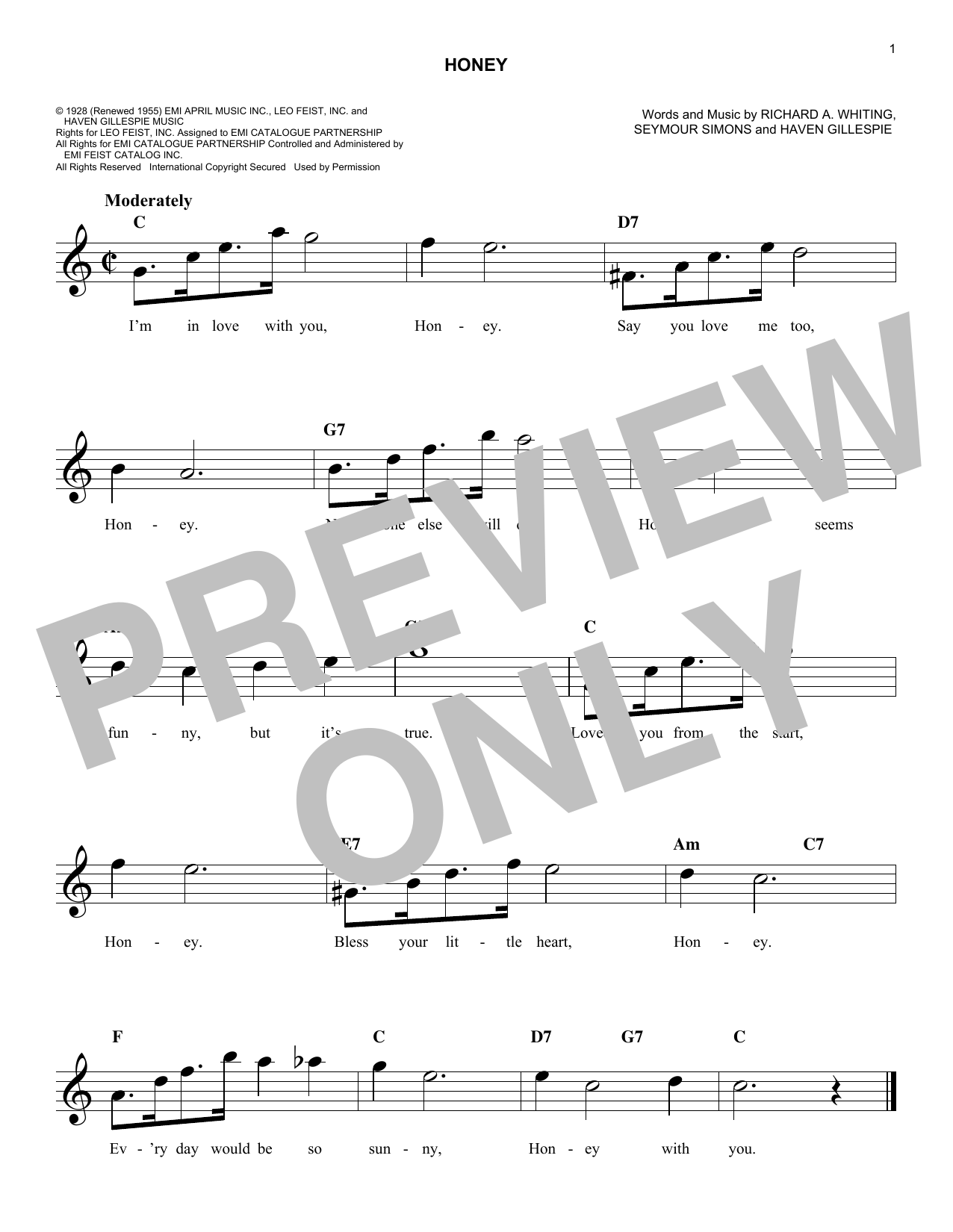 Download Seymour Simons Honey Sheet Music and learn how to play Melody Line, Lyrics & Chords PDF digital score in minutes