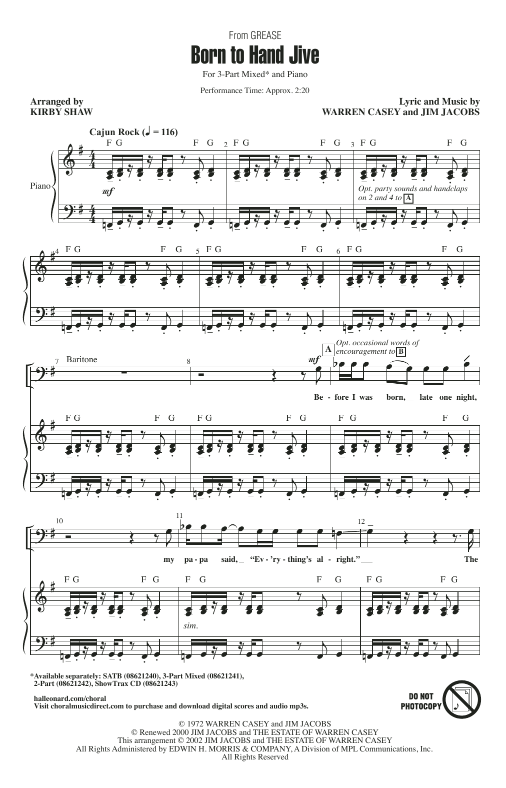 Download Sha Na Na Born To Hand Jive (from Grease) (arr. Kirby Shaw) Sheet Music and learn how to play 3-Part Mixed Choir PDF digital score in minutes