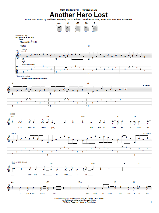 Download Shadows Fall Another Hero Lost Sheet Music and learn how to play Guitar Tab PDF digital score in minutes