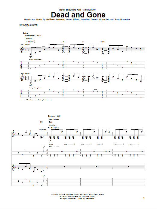 Download Shadows Fall Dead And Gone Sheet Music and learn how to play Guitar Tab PDF digital score in minutes