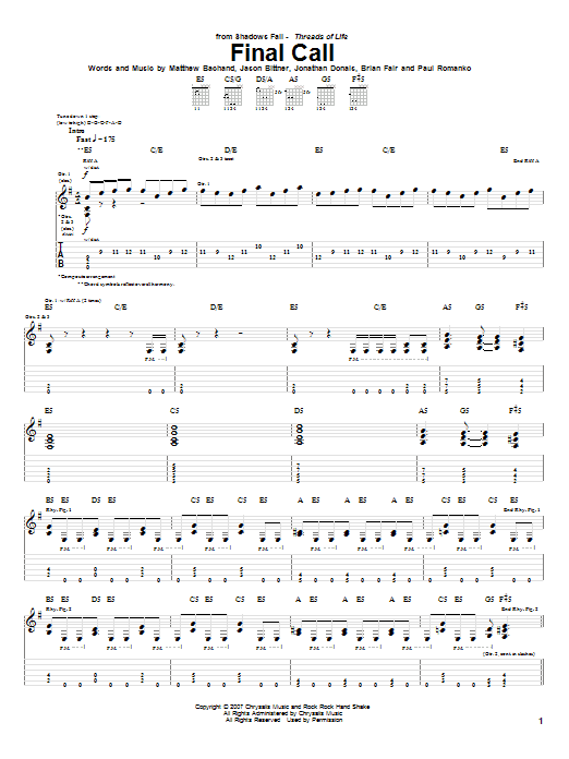 Download Shadows Fall Final Call Sheet Music and learn how to play Guitar Tab PDF digital score in minutes