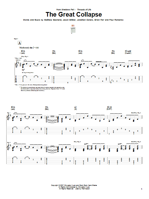 Download Shadows Fall The Great Collapse Sheet Music and learn how to play Guitar Tab PDF digital score in minutes