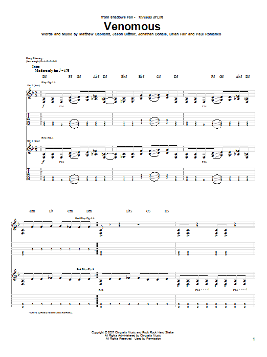 Download Shadows Fall Venomous Sheet Music and learn how to play Guitar Tab PDF digital score in minutes