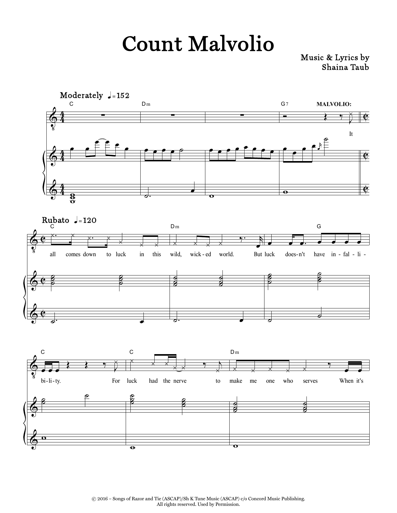 Download Shaina Taub Count Malvolio (from Twelfth Night) Sheet Music and learn how to play Piano & Vocal PDF digital score in minutes