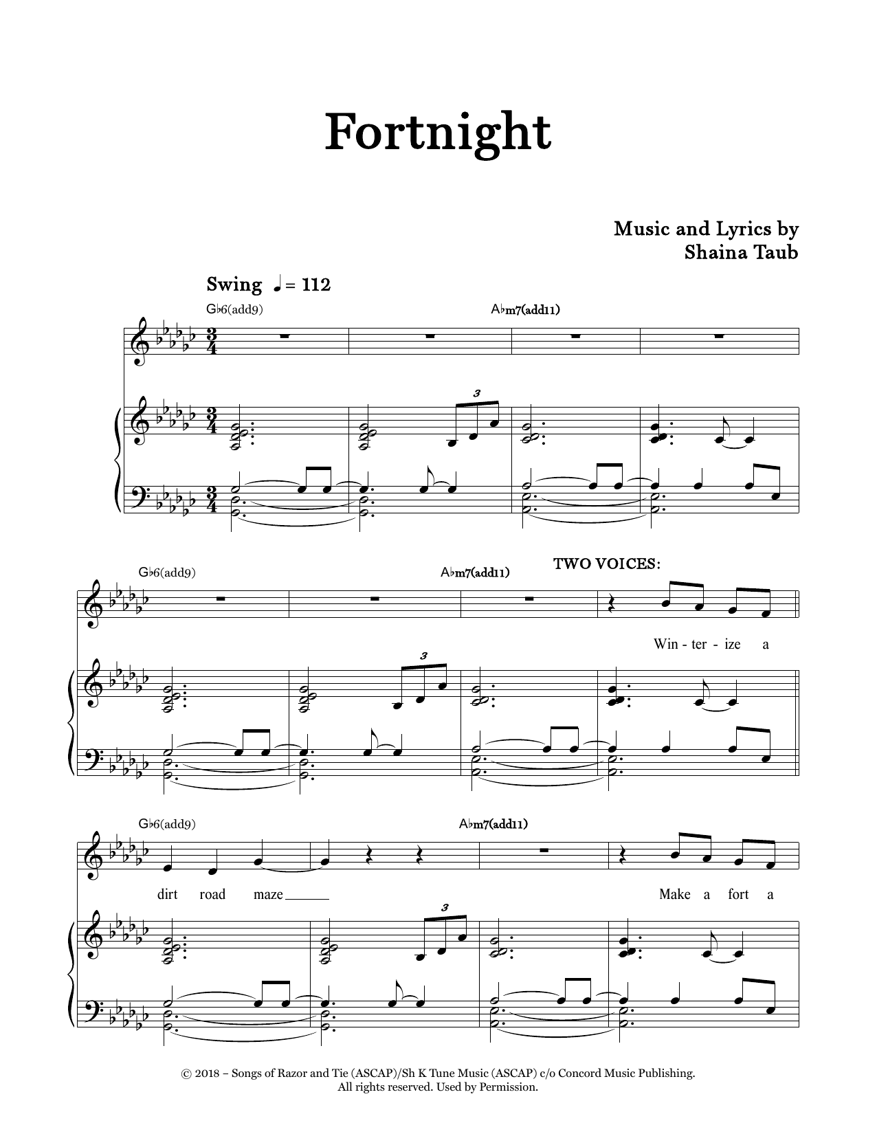 Download Shaina Taub Fortnight Sheet Music and learn how to play Piano & Vocal PDF digital score in minutes