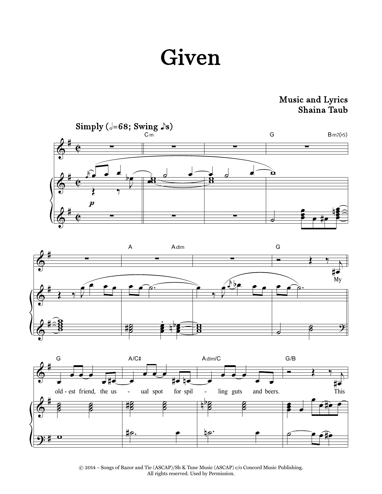 Download Shaina Taub Given Sheet Music and learn how to play Piano & Vocal PDF digital score in minutes