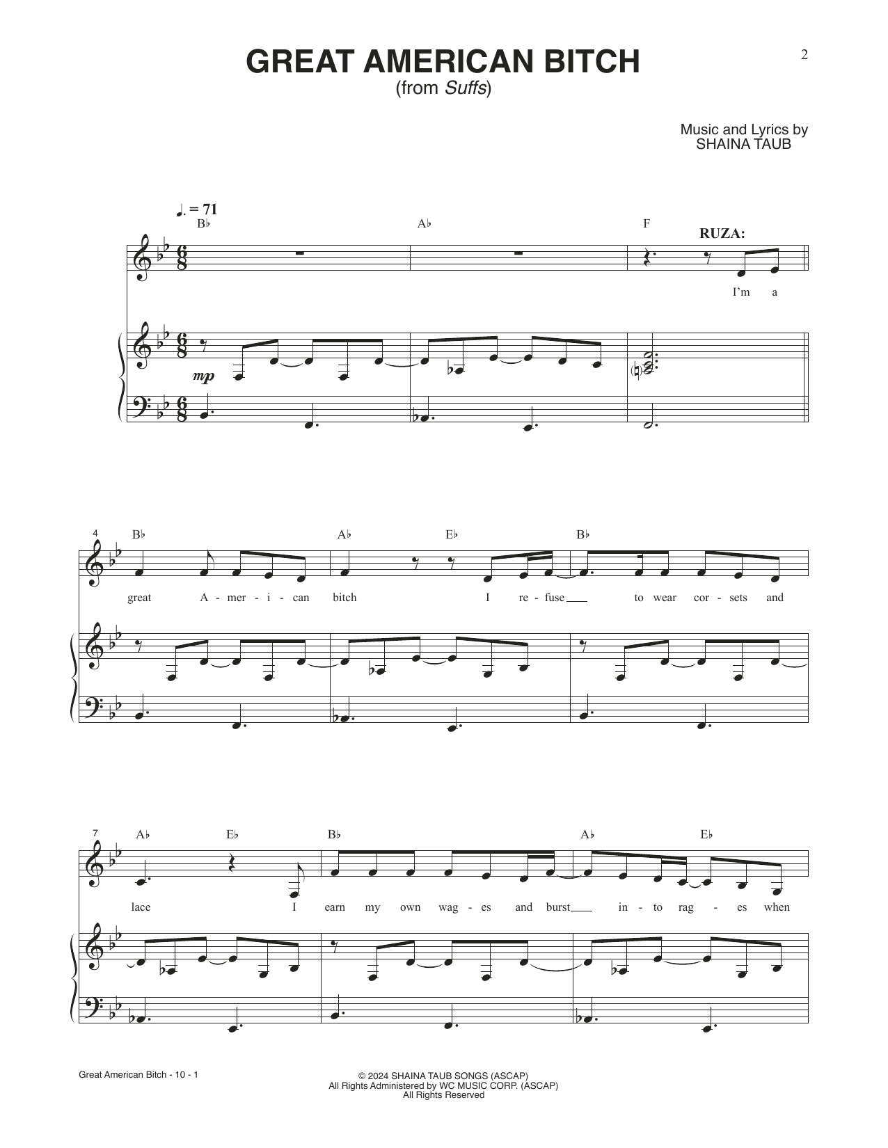 Download Shaina Taub Great American Bitch (from Suffs) Sheet Music and learn how to play Piano & Vocal PDF digital score in minutes