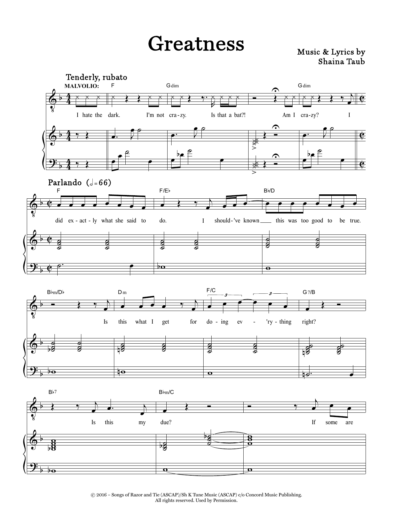 Download Shaina Taub Greatness (from Twelfth Night) Sheet Music and learn how to play Piano & Vocal PDF digital score in minutes