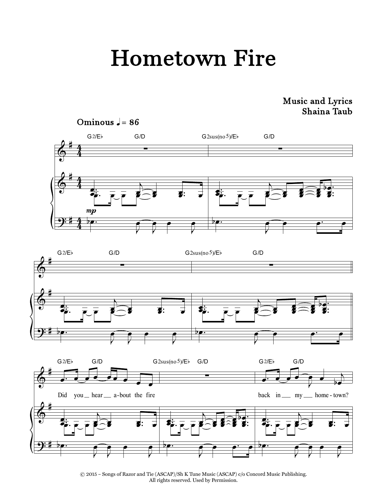 Download Shaina Taub Hometown Fire Sheet Music and learn how to play Piano & Vocal PDF digital score in minutes