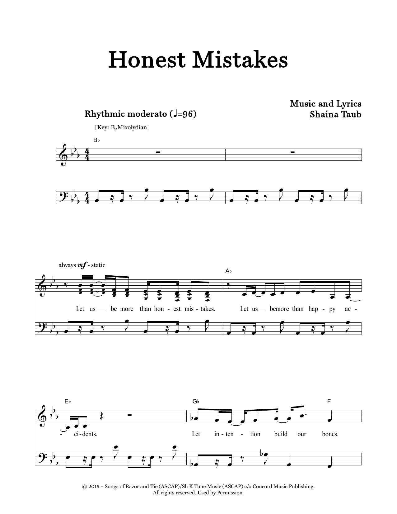 Download Shaina Taub Honest Mistakes Sheet Music and learn how to play Piano & Vocal PDF digital score in minutes