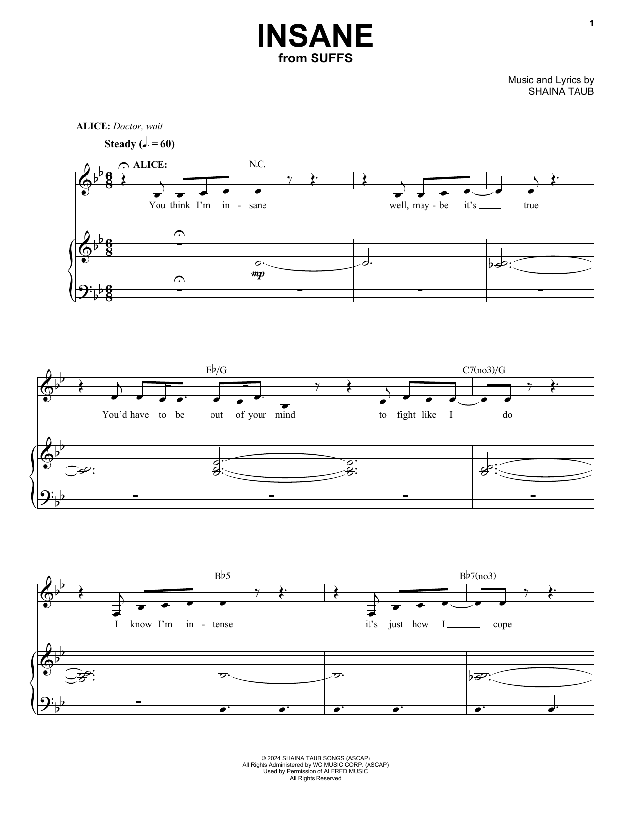 Download Shaina Taub Insane (from Suffs) Sheet Music and learn how to play Piano & Vocal PDF digital score in minutes