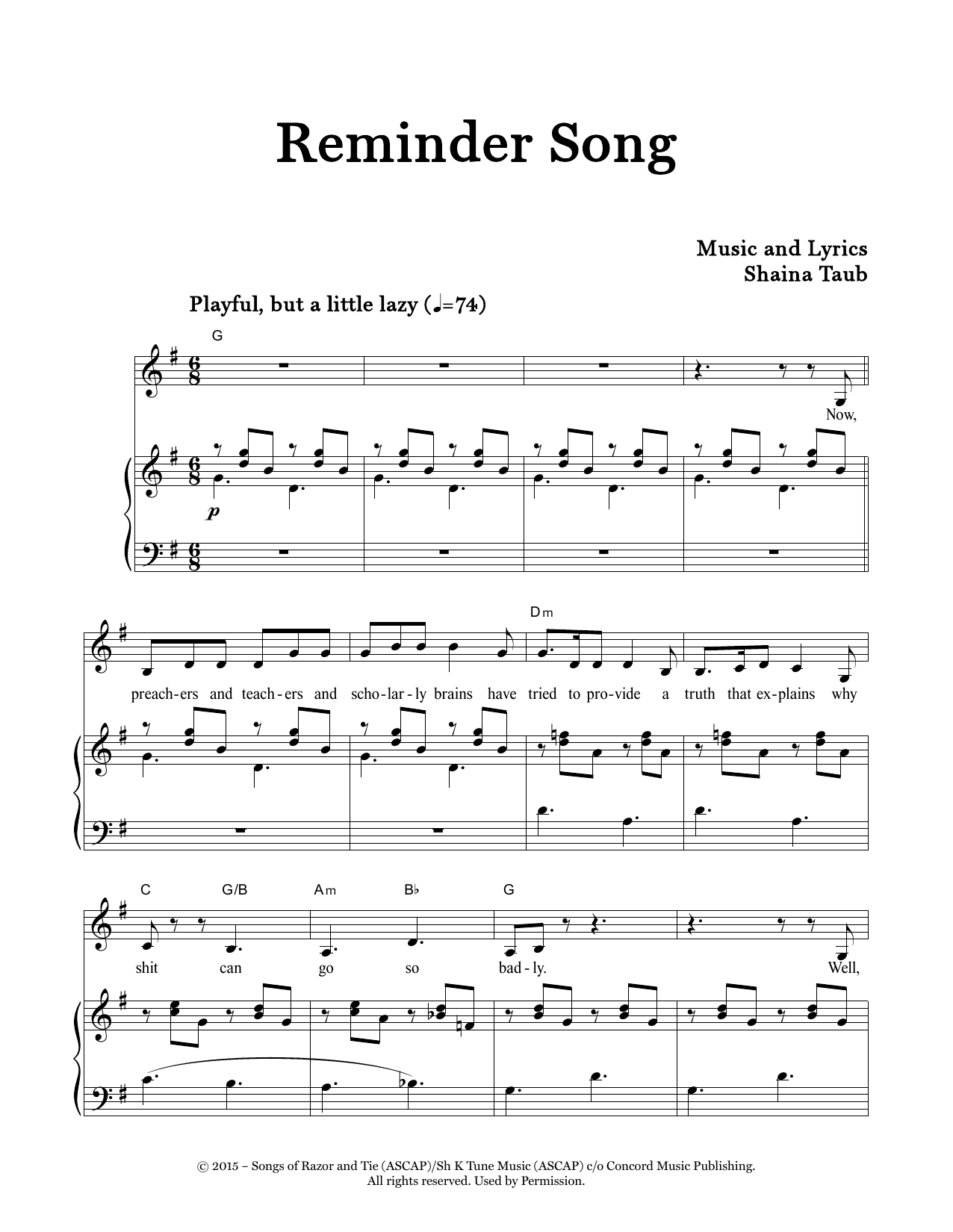 Download Shaina Taub Reminder Song Sheet Music and learn how to play Piano & Vocal PDF digital score in minutes