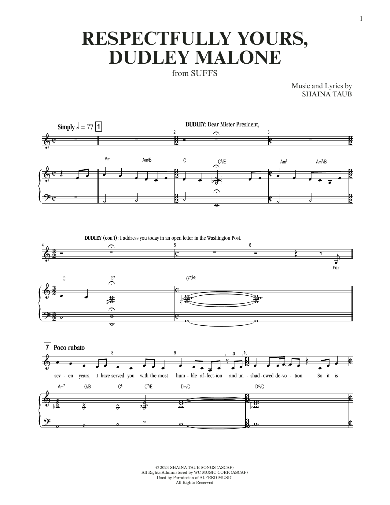 Download Shaina Taub Respectfully Yours, Dudley Malone (from Suffs) Sheet Music and learn how to play Piano & Vocal PDF digital score in minutes