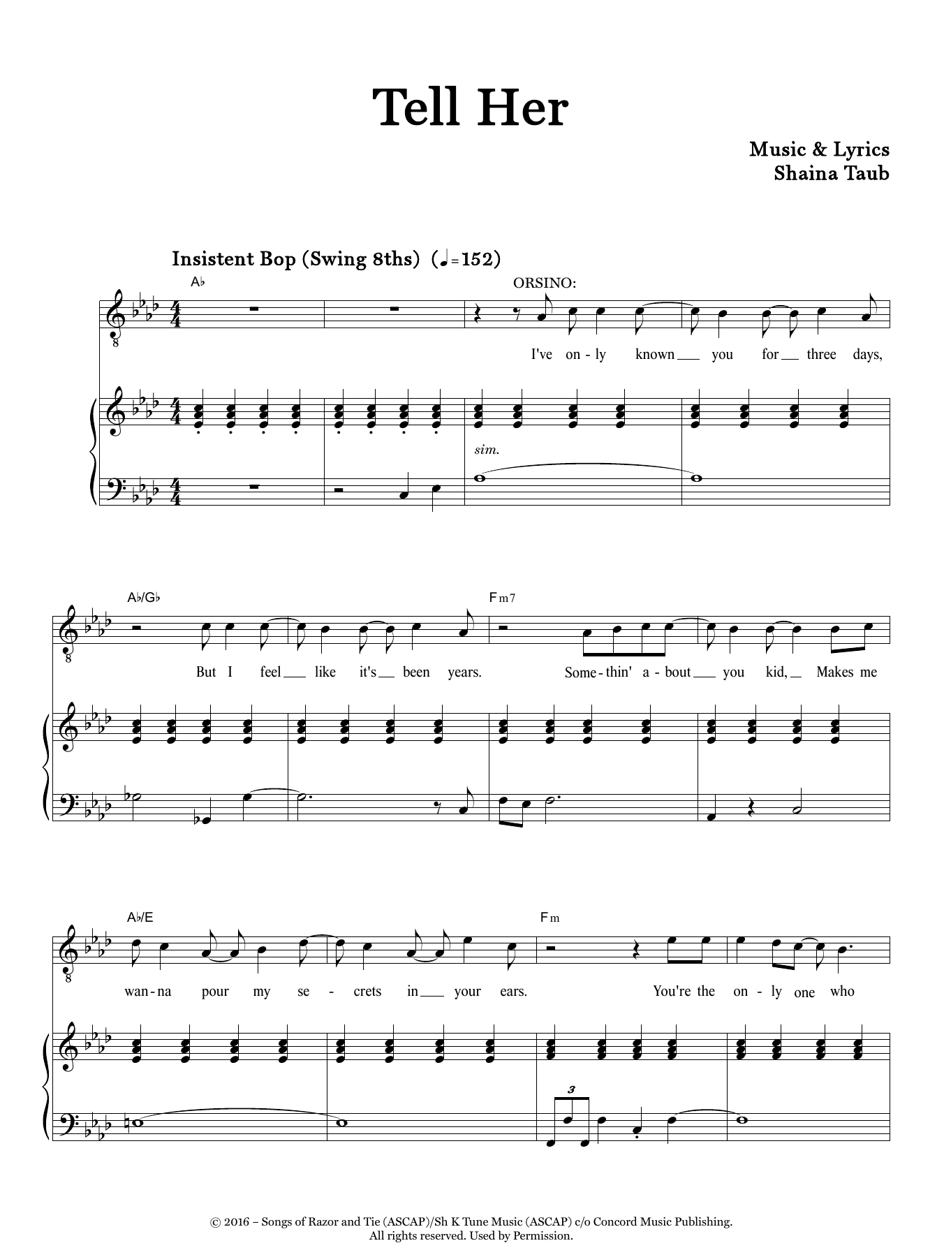 Download Shaina Taub Tell Her (from Twelfth Night) Sheet Music and learn how to play Piano & Vocal PDF digital score in minutes