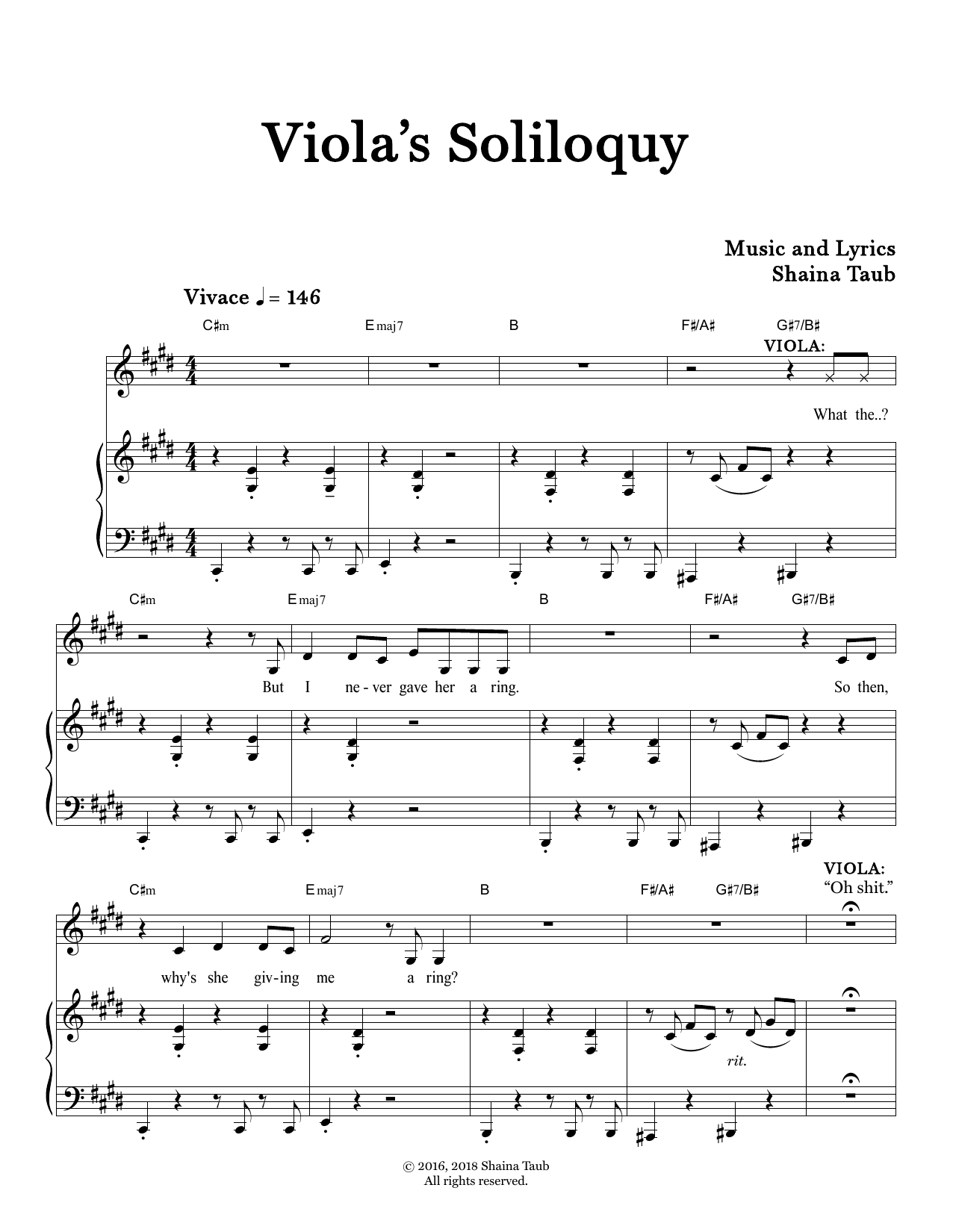 Download Shaina Taub Viola's Soliloquy (from Twelfth Night) Sheet Music and learn how to play Piano & Vocal PDF digital score in minutes