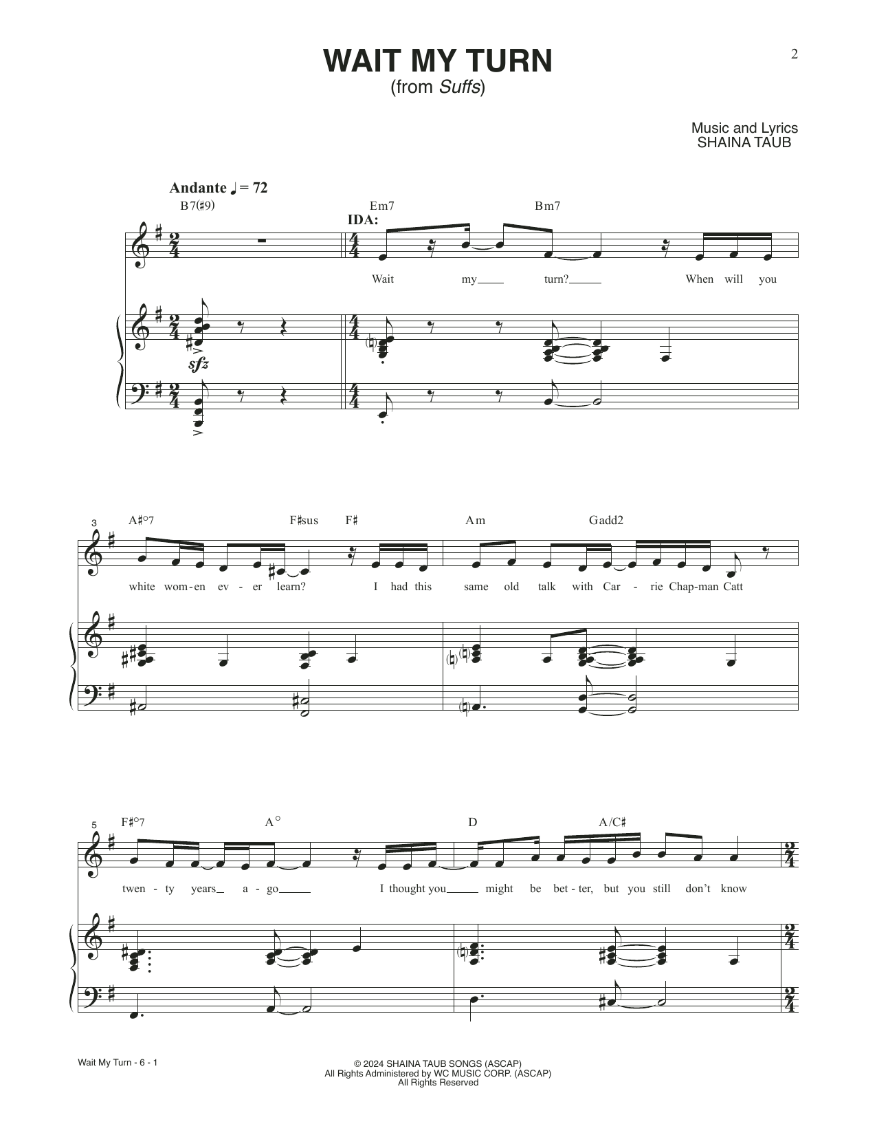 Download Shaina Taub Wait My Turn (from Suffs) Sheet Music and learn how to play Piano & Vocal PDF digital score in minutes