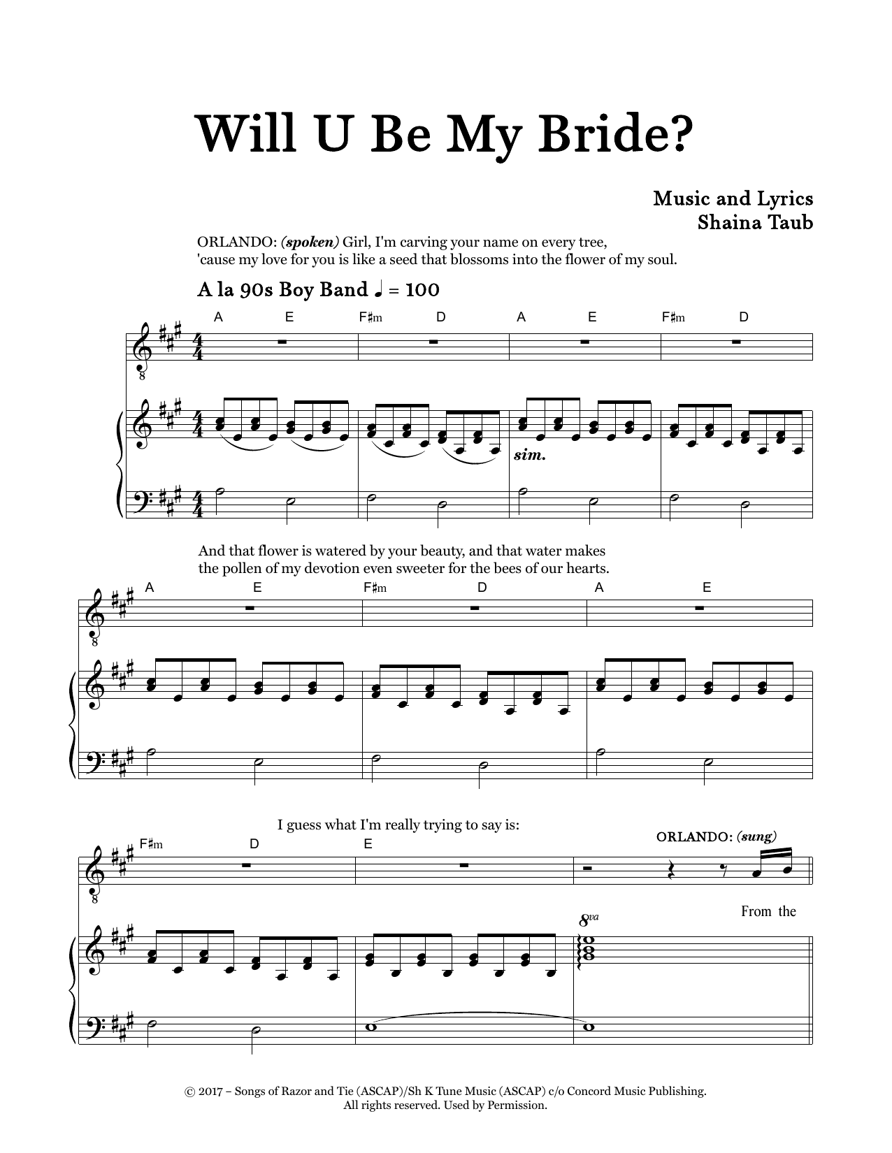 Download Shaina Taub Will U Be My Bride? (from As You Like It) Sheet Music and learn how to play Piano & Vocal PDF digital score in minutes