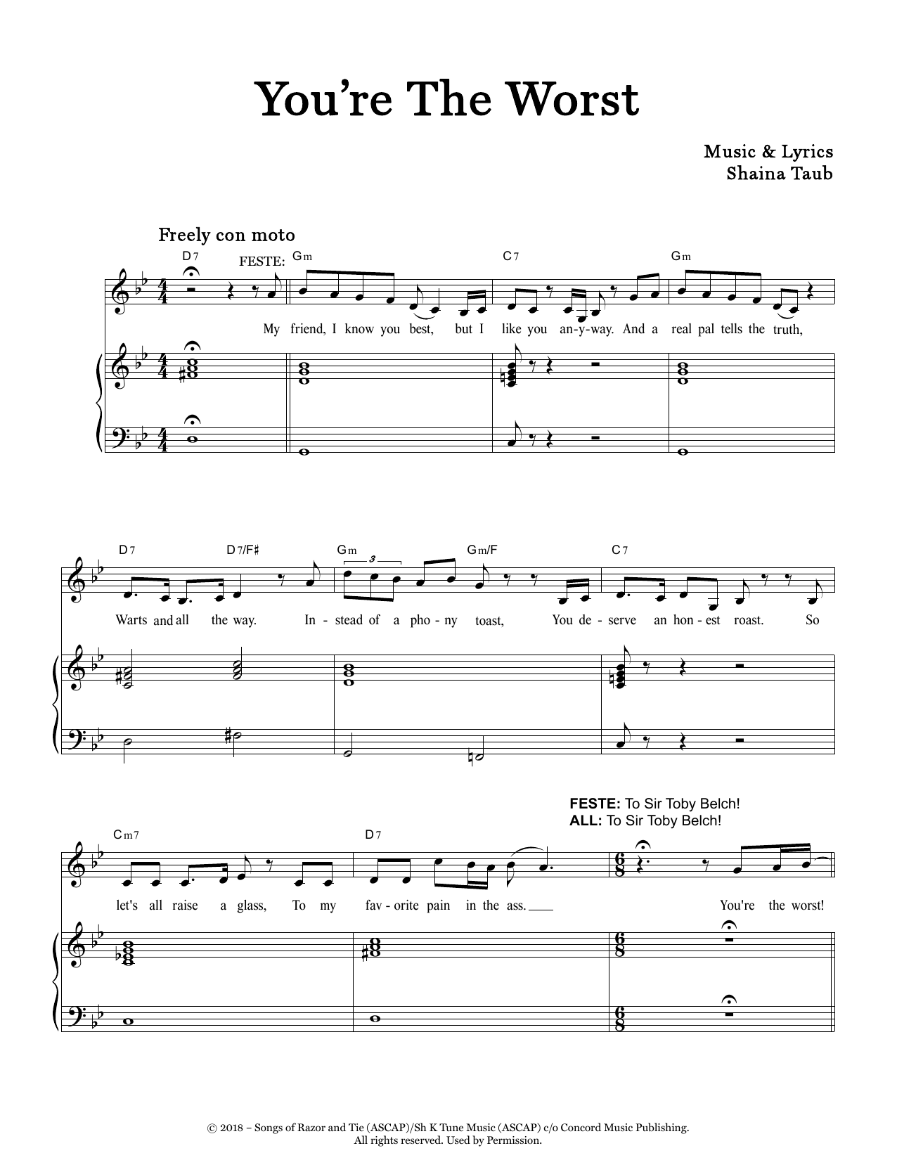Download Shaina Taub You're The Worst (from Twelfth Night) Sheet Music and learn how to play Piano & Vocal PDF digital score in minutes