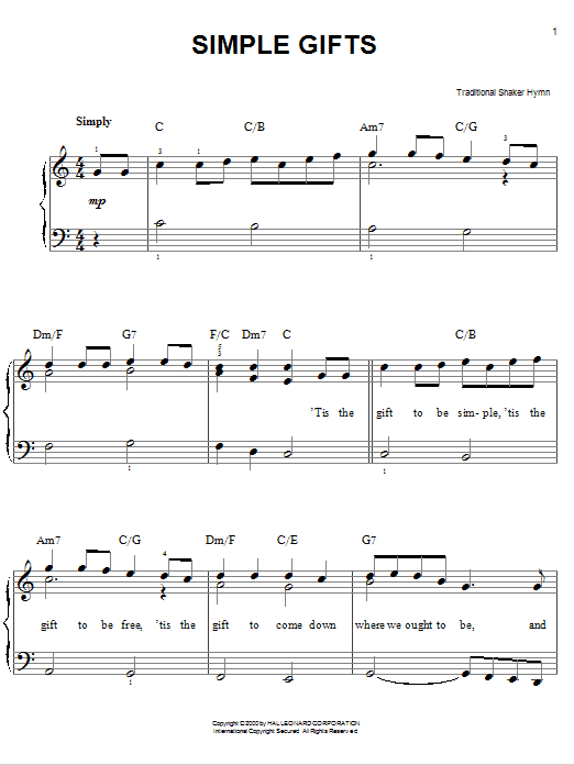 Download Traditional Shaker Hymn Simple Gifts Sheet Music and learn how to play Easy Piano PDF digital score in minutes