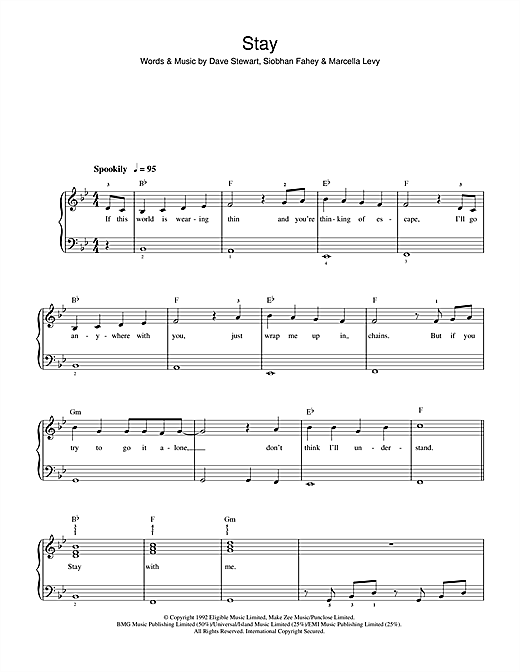 Download Shakespears Sister Stay Sheet Music and learn how to play Beginner Piano PDF digital score in minutes