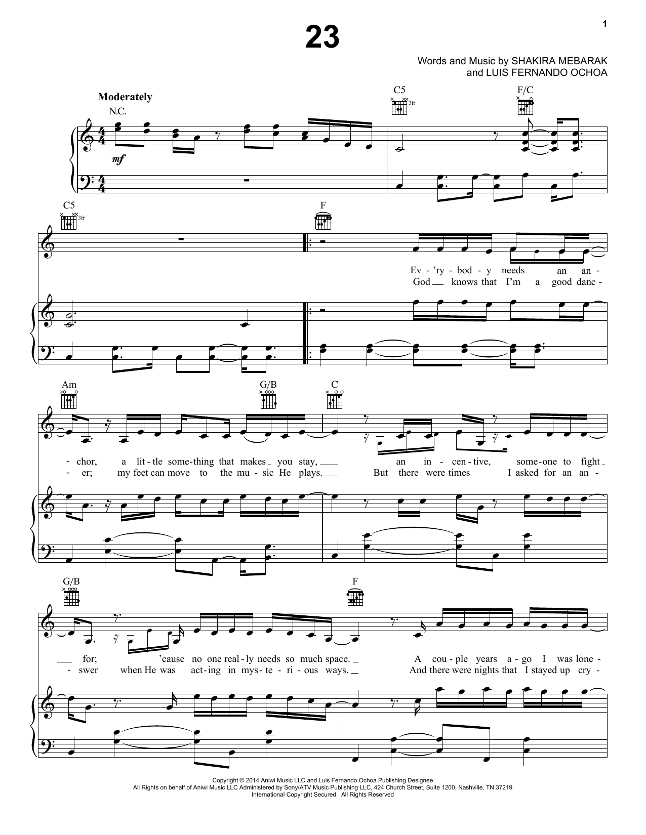 Download Shakira 23 Sheet Music and learn how to play Piano, Vocal & Guitar (Right-Hand Melody) PDF digital score in minutes
