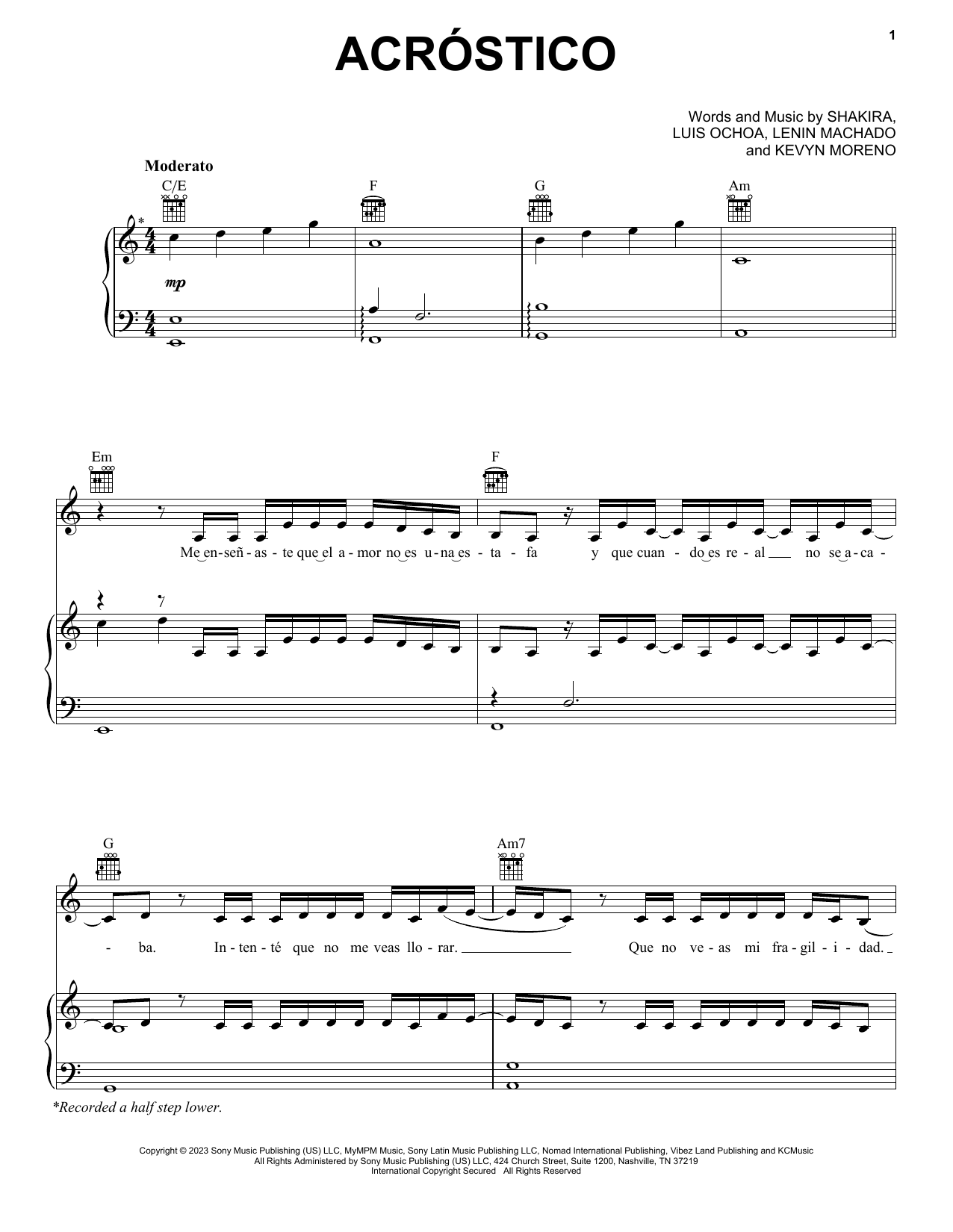 Download Shakira Acróstico Sheet Music and learn how to play Piano, Vocal & Guitar Chords (Right-Hand Melody) PDF digital score in minutes