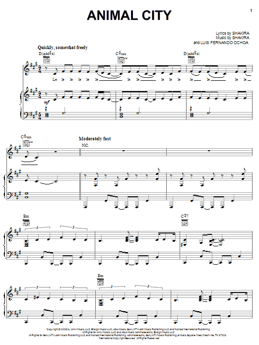 Download Shakira Animal City Sheet Music and learn how to play Piano, Vocal & Guitar (Right-Hand Melody) PDF digital score in minutes