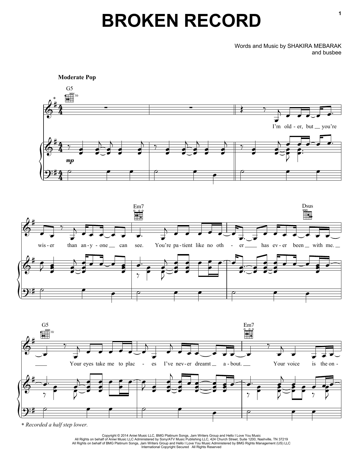 Download Shakira Broken Record Sheet Music and learn how to play Piano, Vocal & Guitar (Right-Hand Melody) PDF digital score in minutes
