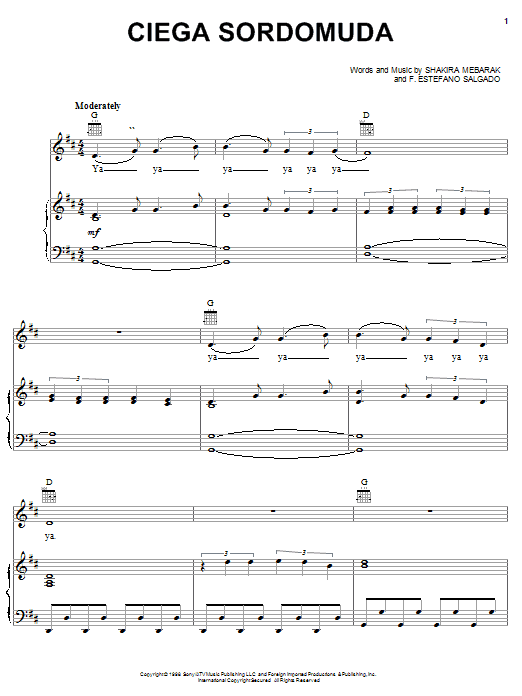 Download Shakira Ciega Sordomuda Sheet Music and learn how to play Piano, Vocal & Guitar (Right-Hand Melody) PDF digital score in minutes
