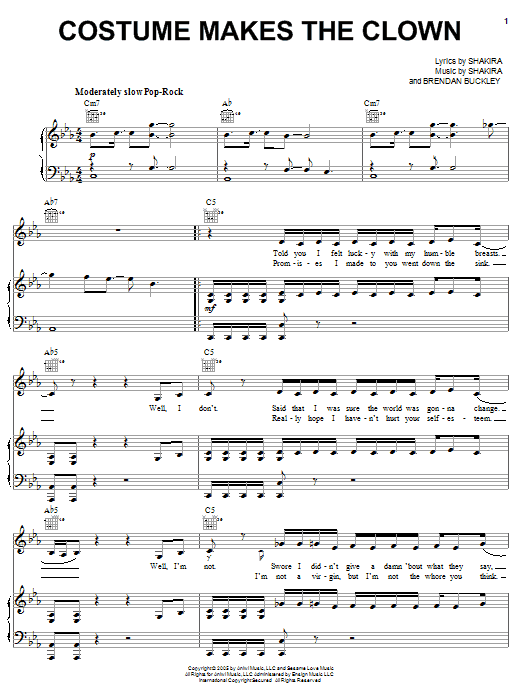 Download Shakira Costume Makes The Clown Sheet Music and learn how to play Piano, Vocal & Guitar (Right-Hand Melody) PDF digital score in minutes