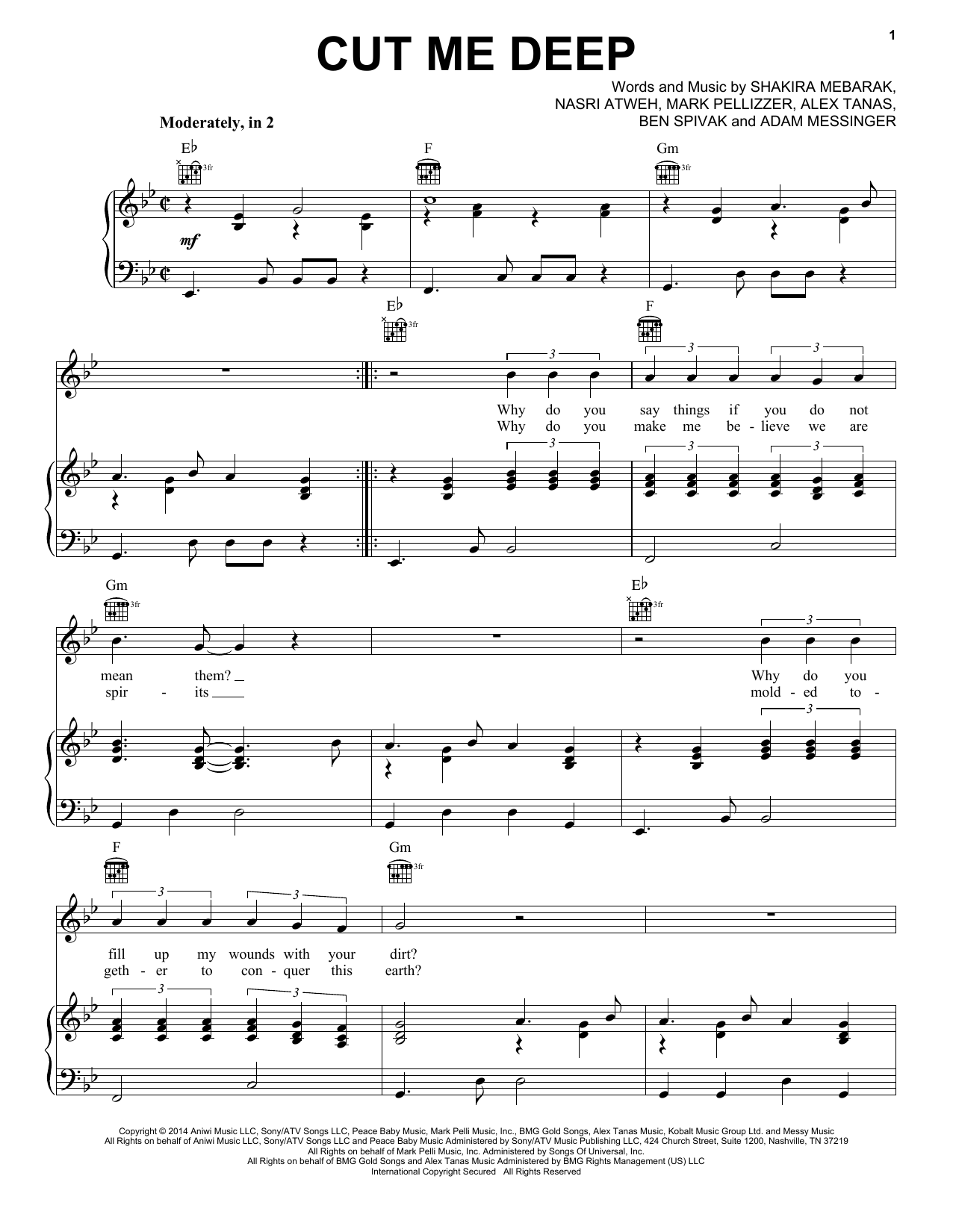 Download Shakira Cut Me Deep Sheet Music and learn how to play Piano, Vocal & Guitar (Right-Hand Melody) PDF digital score in minutes