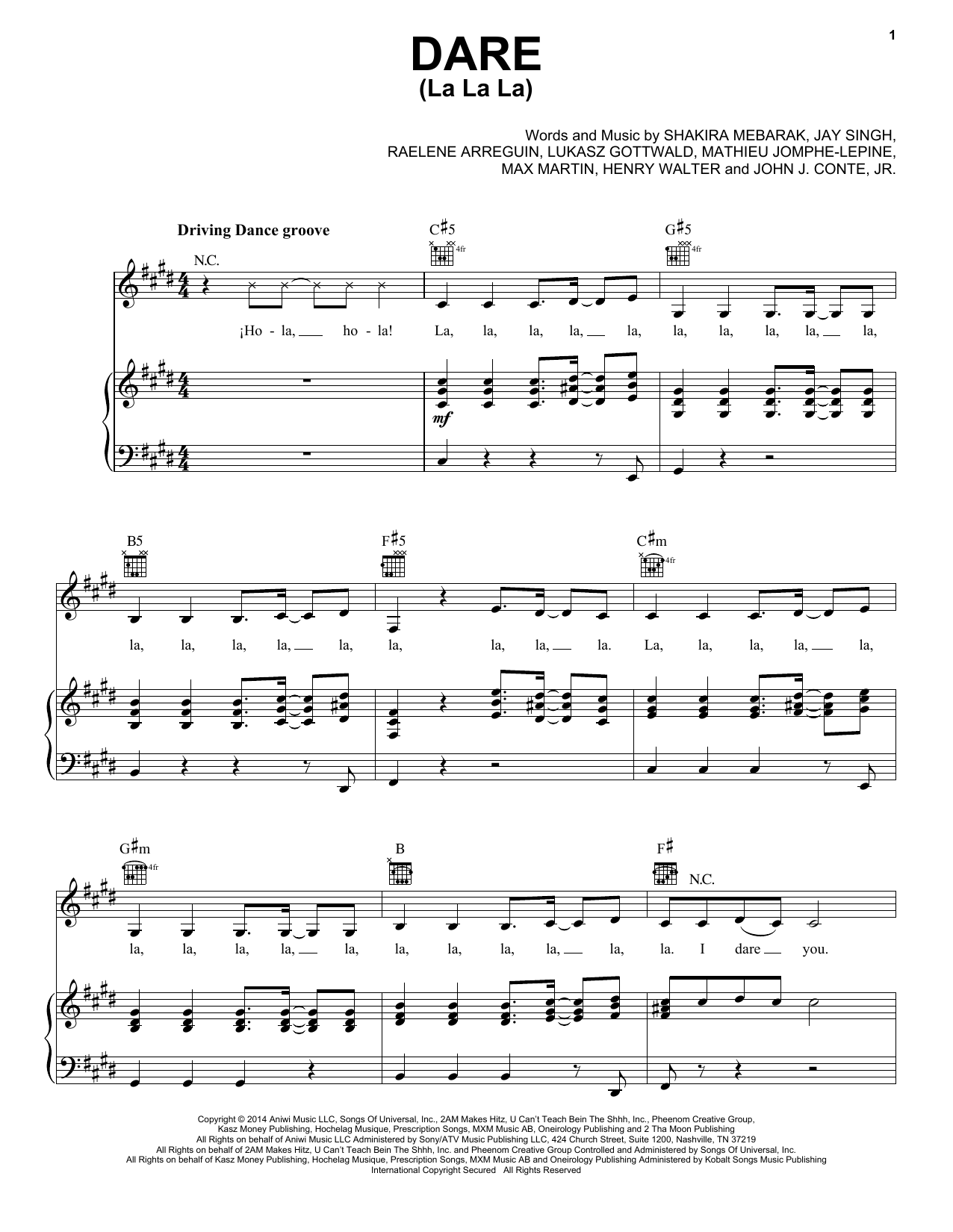 Download Shakira Dare (La La La) Sheet Music and learn how to play Piano, Vocal & Guitar (Right-Hand Melody) PDF digital score in minutes