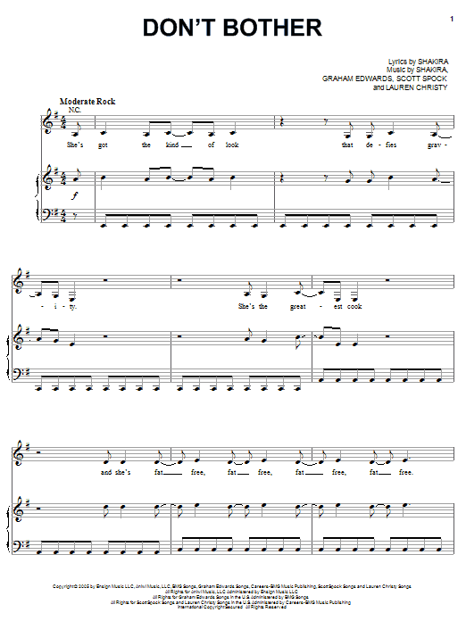 Download Shakira Don't Bother Sheet Music and learn how to play Piano, Vocal & Guitar (Right-Hand Melody) PDF digital score in minutes