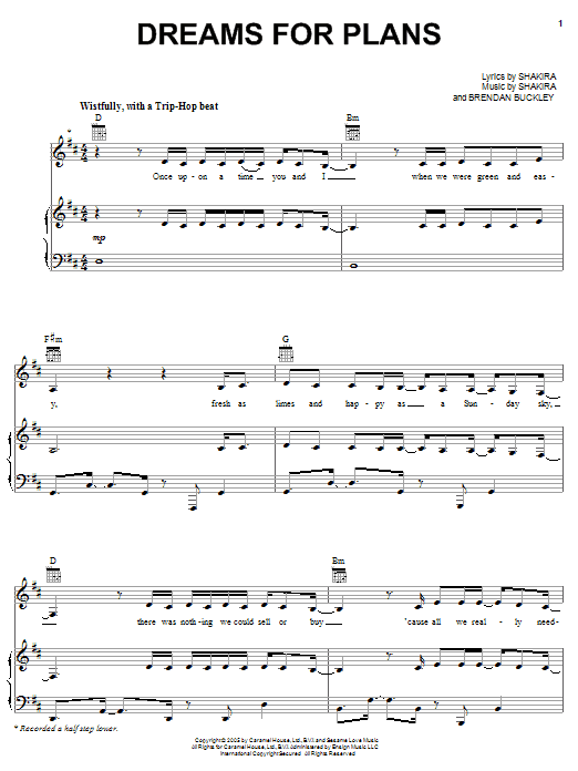 Download Shakira Dreams For Plans Sheet Music and learn how to play Piano, Vocal & Guitar (Right-Hand Melody) PDF digital score in minutes