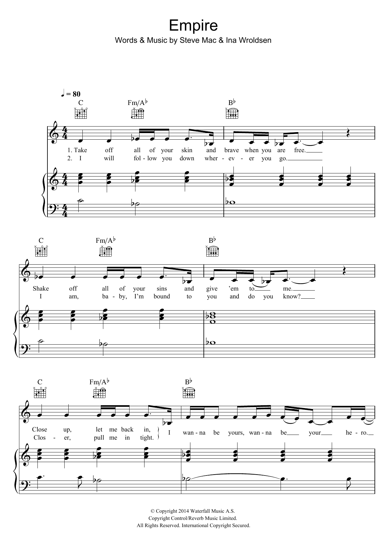Download Shakira Empire (feat. Rihanna) Sheet Music and learn how to play Piano, Vocal & Guitar (Right-Hand Melody) PDF digital score in minutes